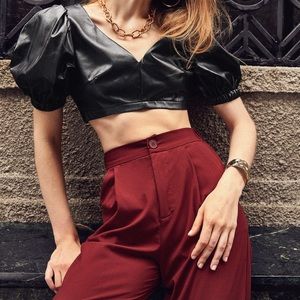 Puff Sleeve PU Leather Crop Top